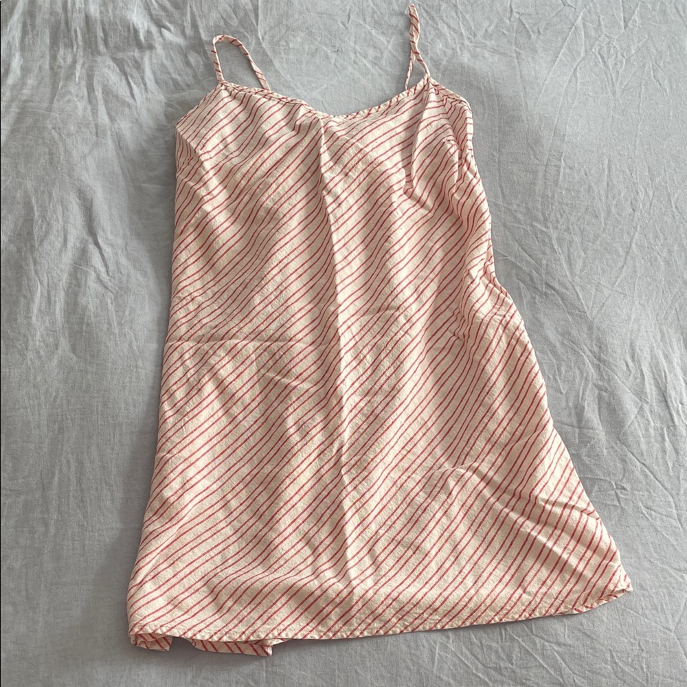 Relaxed Linen Cotton On Red White Stripe Dress Adjustable Tie Back Cover Up 8